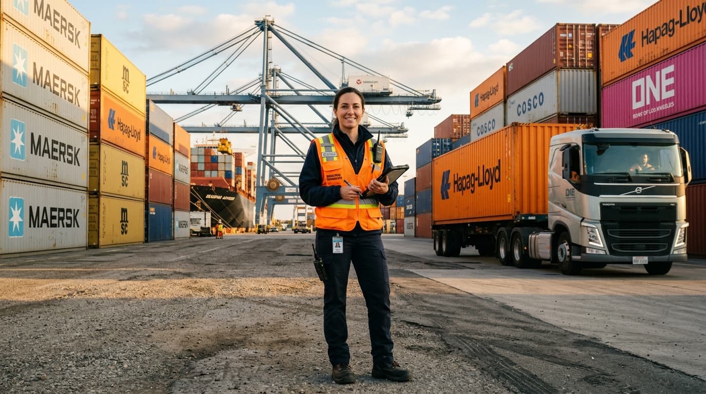 Freight logistics worker in reflective safety vest with cargo trucks
